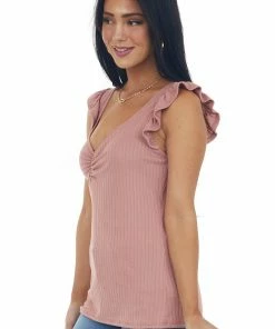 Haptics Tops Vintage Rose V Neck Ruched Bust Ribbed Knit Top