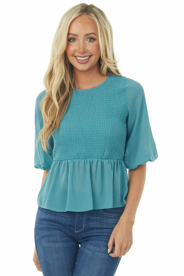 HYFVE Tops Vintage Teal Smocked Peplum Puff Sleeve Blouse 3 HYFVE Tops Vintage Teal Smocked Peplum Puff Sleeve Blouse