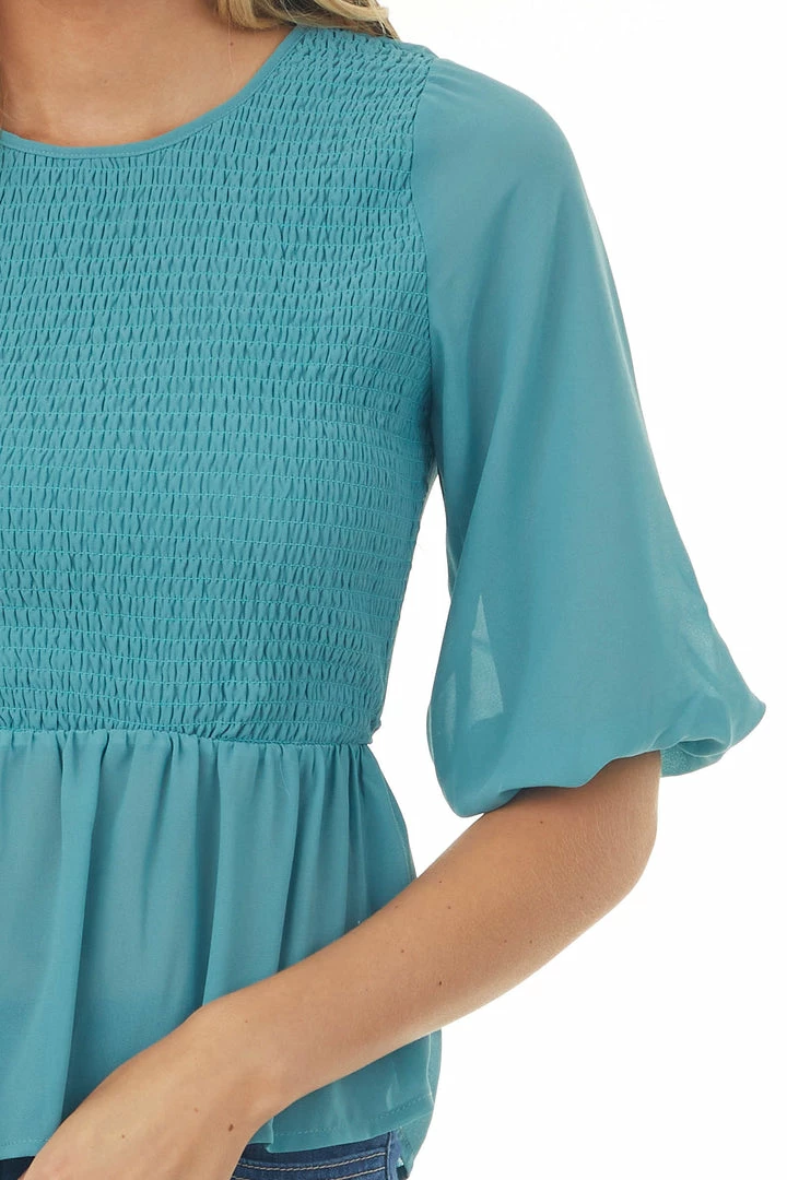 HYFVE Tops Vintage Teal Smocked Peplum Puff Sleeve Blouse 8 HYFVE Tops Vintage Teal Smocked Peplum Puff Sleeve Blouse