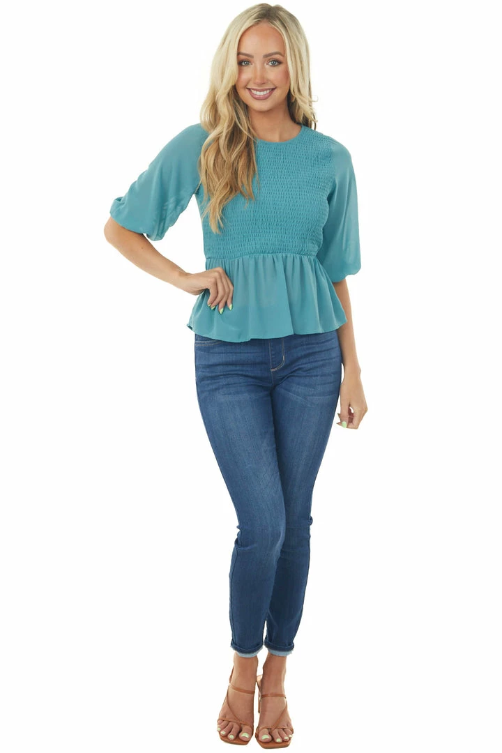 HYFVE Tops Vintage Teal Smocked Peplum Puff Sleeve Blouse 4 HYFVE Tops Vintage Teal Smocked Peplum Puff Sleeve Blouse