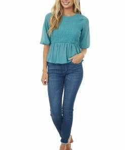 HYFVE Tops Vintage Teal Smocked Peplum Puff Sleeve Blouse 10 HYFVE Tops Vintage Teal Smocked Peplum Puff Sleeve Blouse