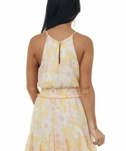 Lush Clothing Dresses Vintage Yellow Floral Smocked Waist Tie Mini Dress