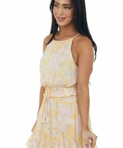 Lush Clothing Dresses Vintage Yellow Floral Smocked Waist Tie Mini Dress
