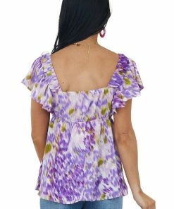 Umgee Violet Abstract Elastic V Neck Ruffle Top 12 Umgee Violet Abstract Elastic V Neck Ruffle Top