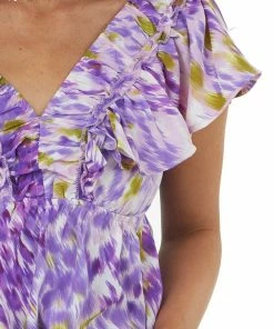 Umgee Violet Abstract Elastic V Neck Ruffle Top 13 Umgee Violet Abstract Elastic V Neck Ruffle Top