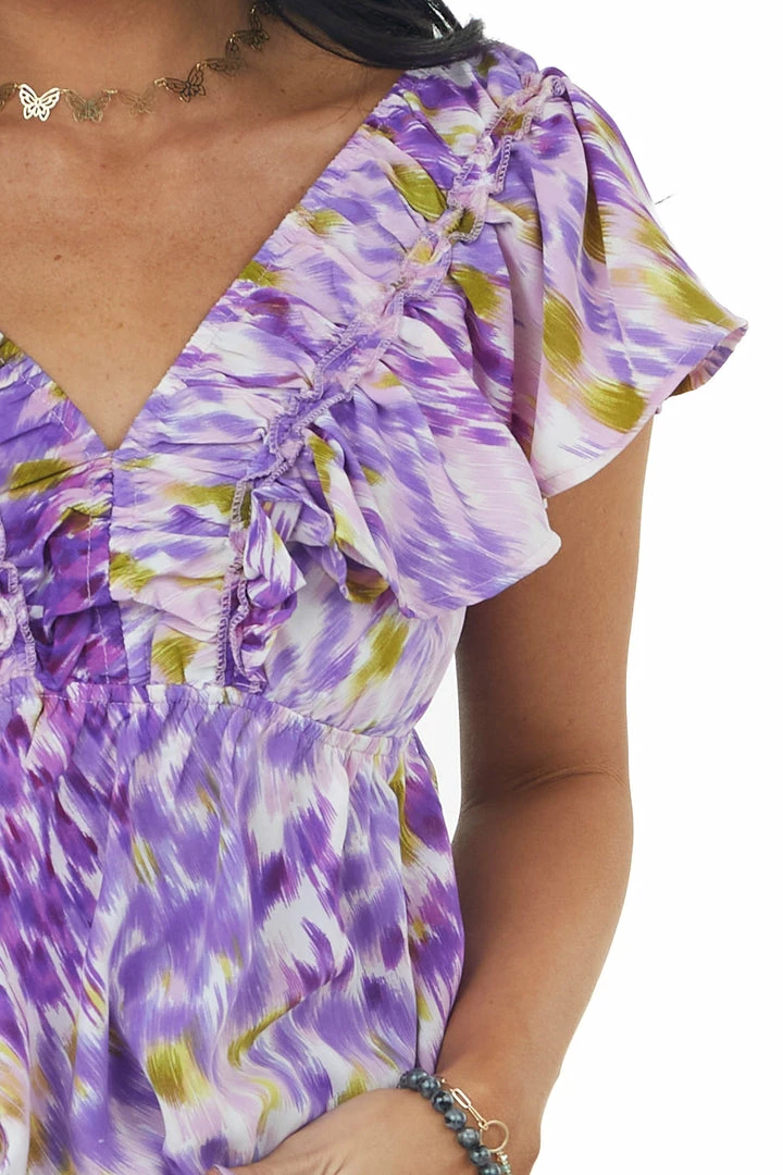 Umgee Violet Abstract Elastic V Neck Ruffle Top 8 Umgee Violet Abstract Elastic V Neck Ruffle Top