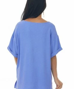 First Love Periwinkle V Neck Cuffed Short Sleeve Woven Top