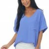 First Love Periwinkle V Neck Cuffed Short Sleeve Woven Top