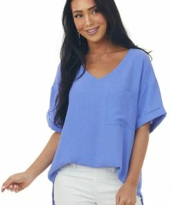 First Love Periwinkle V Neck Cuffed Short Sleeve Woven Top
