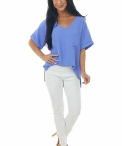 First Love Periwinkle V Neck Cuffed Short Sleeve Woven Top