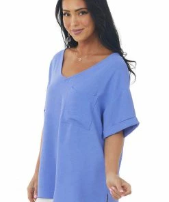 First Love Periwinkle V Neck Cuffed Short Sleeve Woven Top