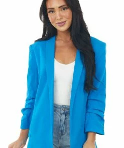 Eesome Outerwear Vivid Blue Linen Blazer With Shoulder Pads