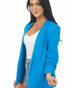Eesome Outerwear Vivid Blue Linen Blazer With Shoulder Pads