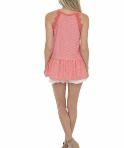 Hailey & Co Vivid Coral Stripe Print Crocheted Peplum Sleeveless Top 14 Hailey & Co Vivid Coral Stripe Print Crocheted Peplum Sleeveless Top