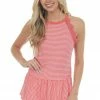 Hailey & Co Vivid Coral Stripe Print Crocheted Peplum Sleeveless Top