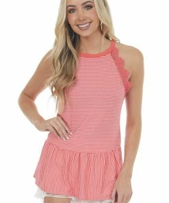 Hailey & Co Vivid Coral Stripe Print Crocheted Peplum Sleeveless Top