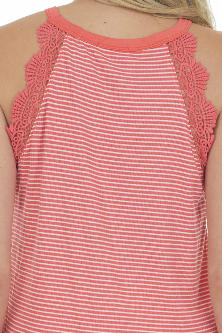 Hailey & Co Vivid Coral Stripe Print Crocheted Peplum Sleeveless Top 9 Hailey & Co Vivid Coral Stripe Print Crocheted Peplum Sleeveless Top