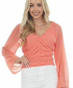143 Story Vivid Coral Swiss Dot Ruched Cropped Blouse