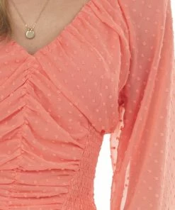 143 Story Vivid Coral Swiss Dot Ruched Cropped Blouse