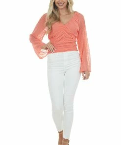 143 Story Vivid Coral Swiss Dot Ruched Cropped Blouse