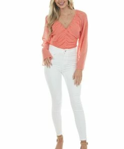 143 Story Vivid Coral Swiss Dot Ruched Cropped Blouse