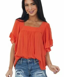 Lush Clothing Tops Vivid Fire Angel Sleeve Square Neck Blouse