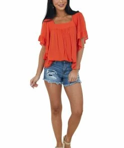 Lush Clothing Tops Vivid Fire Angel Sleeve Square Neck Blouse
