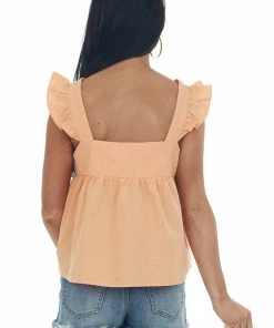 Very J Tops Vivid Melon Button Up Square Neck Ruffle Tank Top