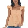 Very J Tops Vivid Melon Button Up Square Neck Ruffle Tank Top