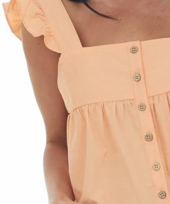Very J Tops Vivid Melon Button Up Square Neck Ruffle Tank Top