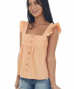 Very J Tops Vivid Melon Button Up Square Neck Ruffle Tank Top
