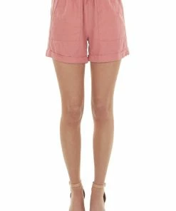 ZENANA Watermelon Drawstring Cuffed Linen Shorts Bottoms 10 ZENANA Watermelon Drawstring Cuffed Linen Shorts Bottoms