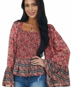ANGIE Tops Watermelon Floral Print Smocked Long Sleeve Top