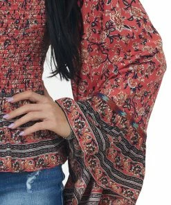 ANGIE Tops Watermelon Floral Print Smocked Long Sleeve Top