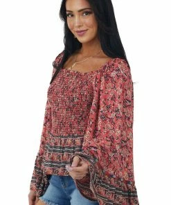 ANGIE Tops Watermelon Floral Print Smocked Long Sleeve Top