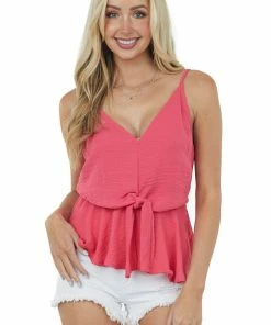 She + Sky Watermelon Front Knot V Neck Cami Peplum Blouse