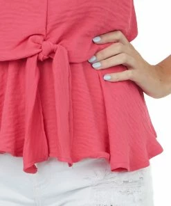 She + Sky Watermelon Front Knot V Neck Cami Peplum Blouse