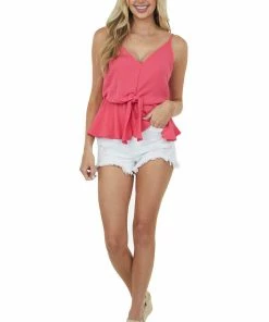 She + Sky Watermelon Front Knot V Neck Cami Peplum Blouse