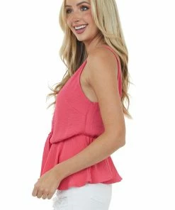 She + Sky Watermelon Front Knot V Neck Cami Peplum Blouse