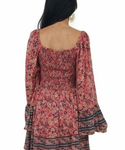 ANGIE Watermelon Long Flare Sleeve Smocked Dress