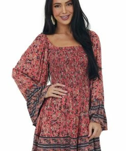 ANGIE Watermelon Long Flare Sleeve Smocked Dress