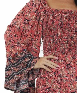 ANGIE Watermelon Long Flare Sleeve Smocked Dress