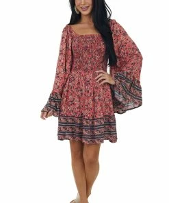 ANGIE Watermelon Long Flare Sleeve Smocked Dress