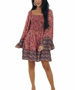 ANGIE Watermelon Long Flare Sleeve Smocked Dress