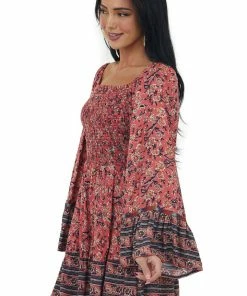 ANGIE Watermelon Long Flare Sleeve Smocked Dress