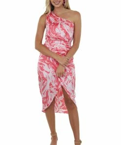 Do + Be Watermelon Marble Print One Shoulder Midi Dress Dresses