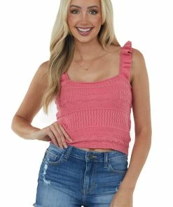 143 Story Watermelon Ruffle Strap Sweater Knit Crop Top Tops