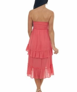 Umgee Watermelon Strapless Smocked Ruffle Hem Dress Dresses