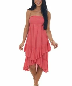 Umgee Watermelon Strapless Smocked Ruffle Hem Dress Dresses