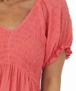 143 Story Watermelon Swiss Dot Smocked Babydoll Flowy Top Tops